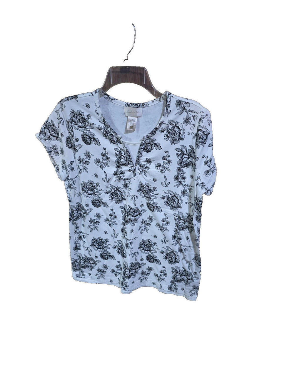 Studio Works Black & White Floral Pullover Top Size M